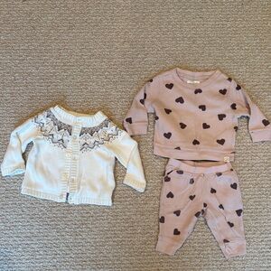 Organic Cotton Lot Of 2 Sweater Waffle Knit Outfit Hearts Size 3 Months 3 Mos 3M